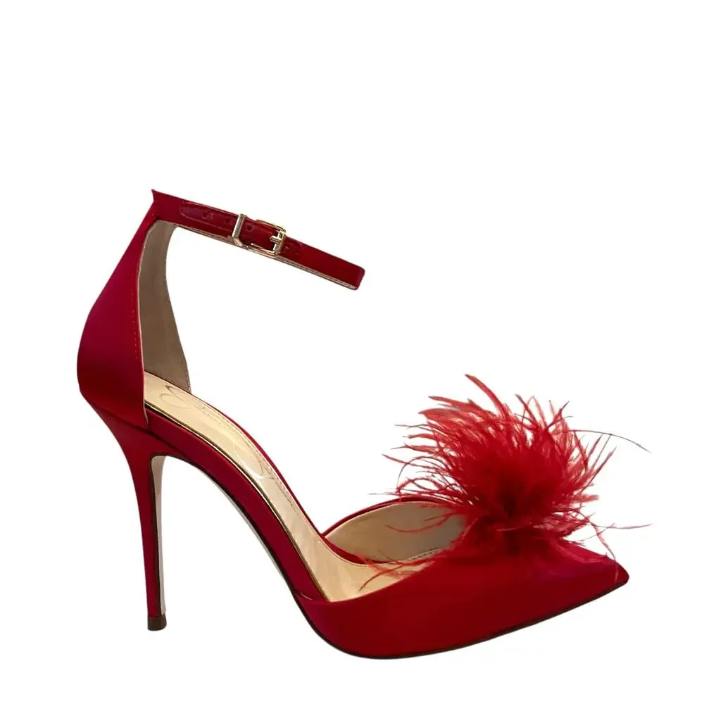 Jessica Simpson Wolistie Ankle Strap Dress Pumps Red Feather Pom Pom Size 6 NEW